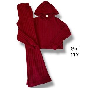 Girl 2 pcs set Burgundy Ribbed Hooded Sweater & Flared Pants Outfit Size 11 year